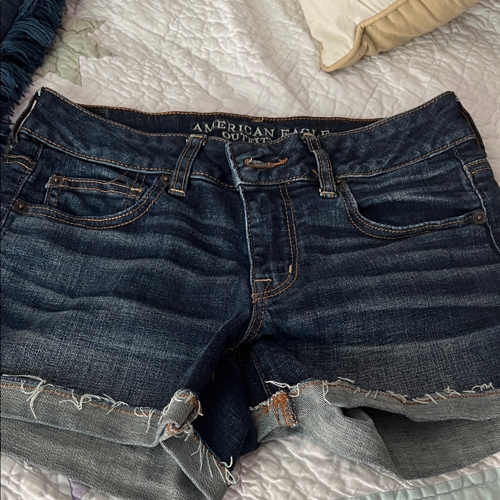 American Eagle Dark Wash Frayed Denim Shorts